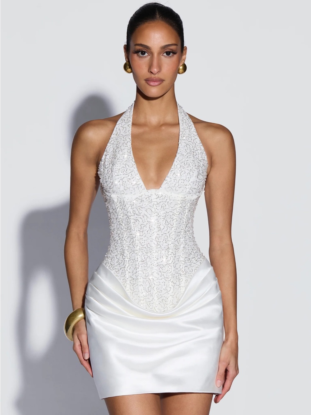 White Halter Sequin-Embellished Mini Dress